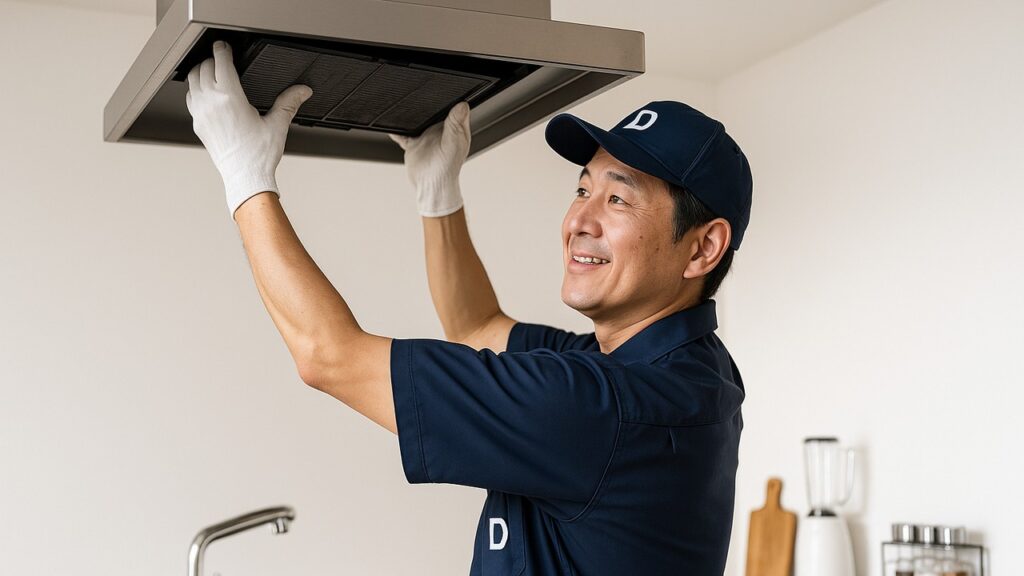 レンジフードの高い位置で腕を伸ばし、フィルターを取り外すベテラン清掃業者（帽子と左胸にDロゴ）の作業風景。明るいキッチン。
