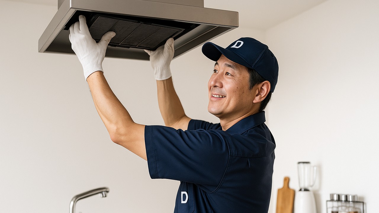 レンジフードの高い位置で腕を伸ばし、フィルターを取り外すベテラン清掃業者(帽子と左胸にDロゴ)の作業風景。明るいキッチン。