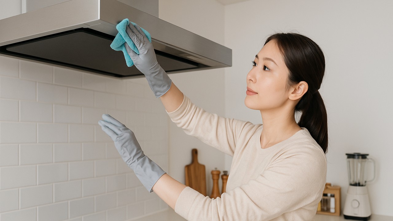 キッチン 換気扇 掃除 洗剤 レンジフードを拭き掃除する若い奥様。奥にブレンダーとスパイスラック