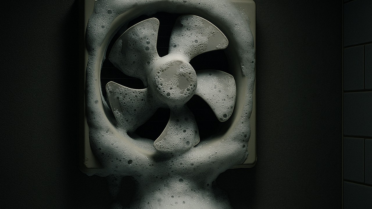 暗めのキッチンで、壁付けの旧式プロペラ換気扇が泡だらけ。スポット風の明かりで泡の質感が強調されたシュールな光景。