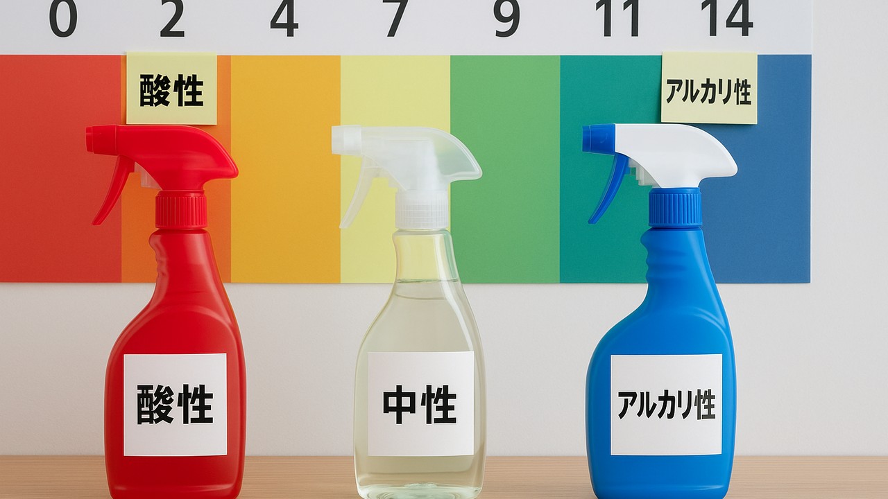 pHスケールを背景に、酸性・中性・アルカリ性のスプレーボトルが並ぶ。洗剤の性質の違いを直感で伝えるビジュアル。