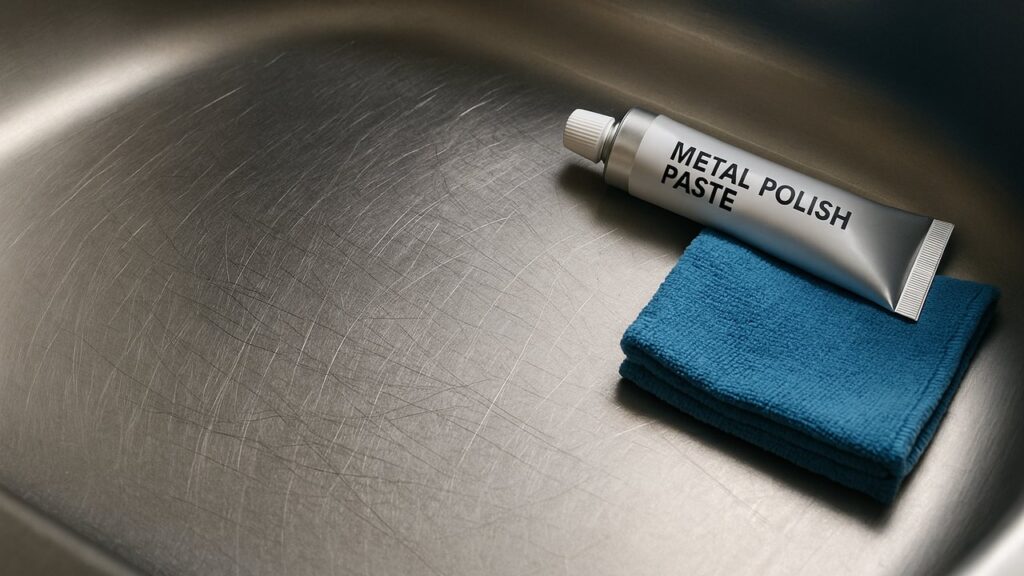 細かい擦り傷が入ったステンレスシンク。右側に金属用ポリッシュのチューブとマイクロファイバークロスが置かれ、補修前の状態。