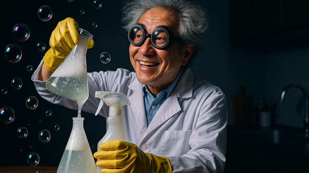 白衣＆ゴーグルの陽気な博士が、ぶくぶく泡立つ三角フラスコからスプレーボトルへ手作り洗剤を移し替え中。暗めのキッチンにスポット気味の光、虹色の泡がふわり