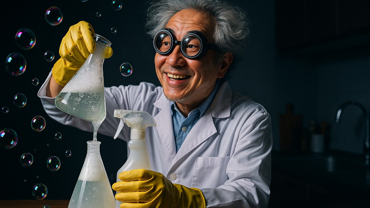 白衣&ゴーグルの陽気な博士が、ぶくぶく泡立つ三角フラスコからスプレーボトルへ手作り洗剤を移し替え中。暗めのキッチンにスポット気味の光、虹色の泡がふわり