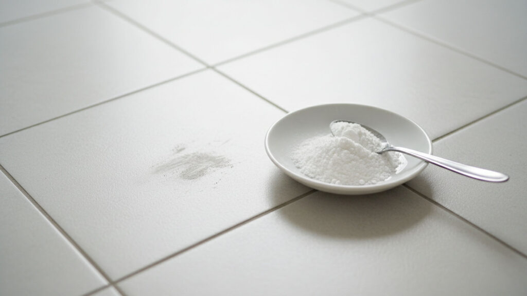 白〜薄いグレーの風呂の床の一部に黒ずみがあり、その横にスプーンと小皿に盛った重曹が置かれている構図