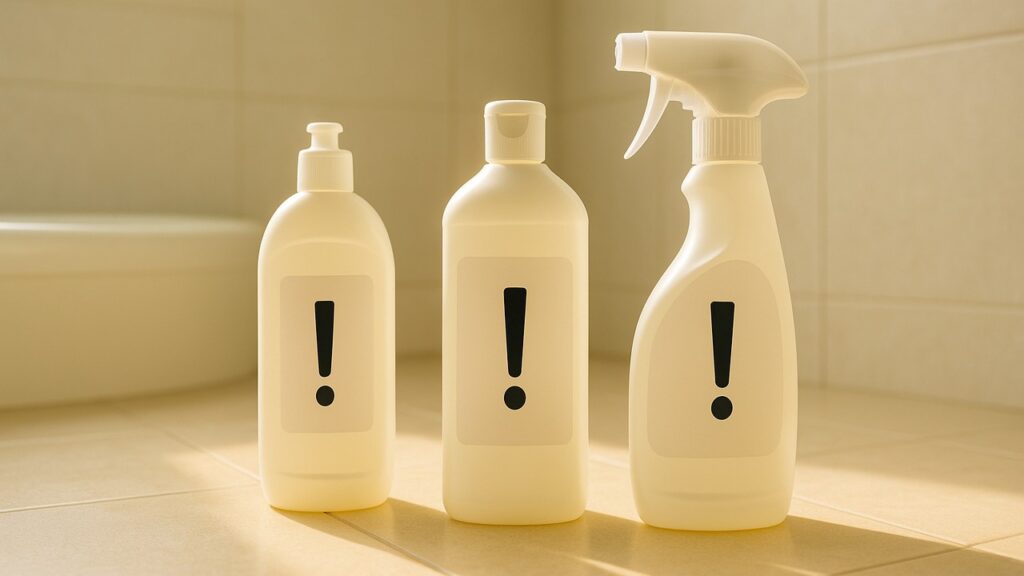 ベージュ系の浴室床に、形の異なる洗剤ボトルが3本並び、各ラベルには「！」のみが印字。左からポンプ、中央はスクリューキャップ、右はトリガースプレー。窓の自然光が差し込み、柔らかな神々しさを感じる情景