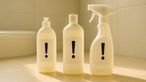 ベージュ系の浴室床に、形の異なる洗剤ボトルが3本並び、各ラベルには「！」のみが印字。左からポンプ、中央はスクリューキャップ、右はトリガースプレー。窓の自然光が差し込み、柔らかな神々しさを感じる情景