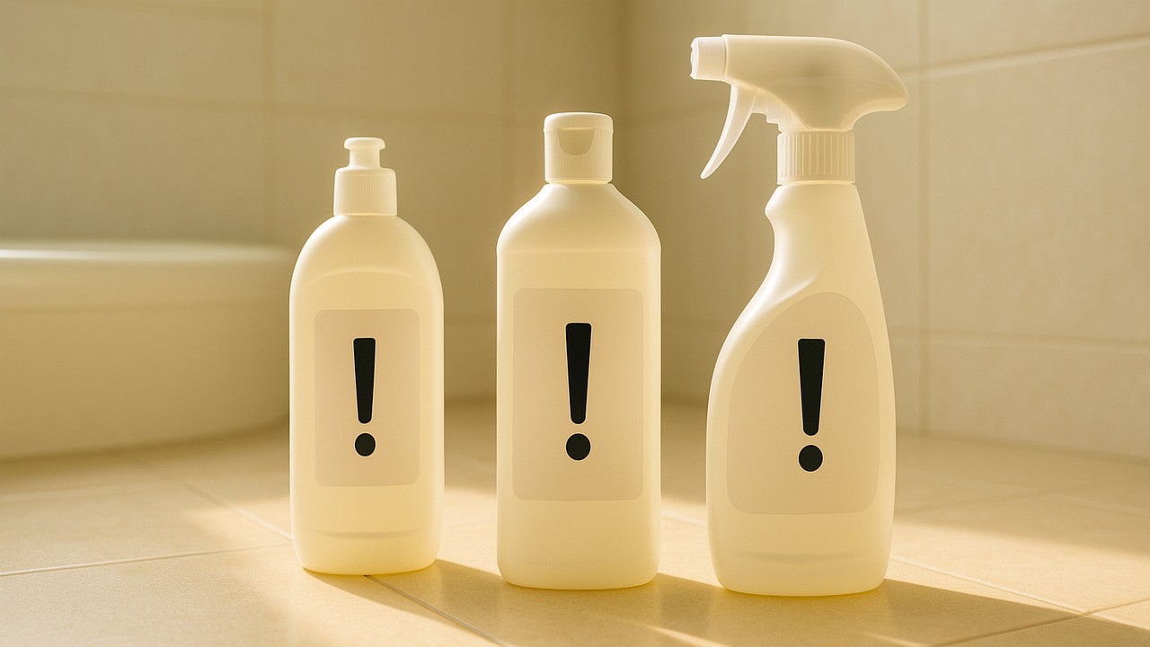 ベージュ系の浴室床に、形の異なる洗剤ボトルが3本並び、各ラベルには「！」のみが印字。左からポンプ、中央はスクリューキャップ、右はトリガースプレー。窓の自然光が差し込み、柔らかな神々しさを感じる情景