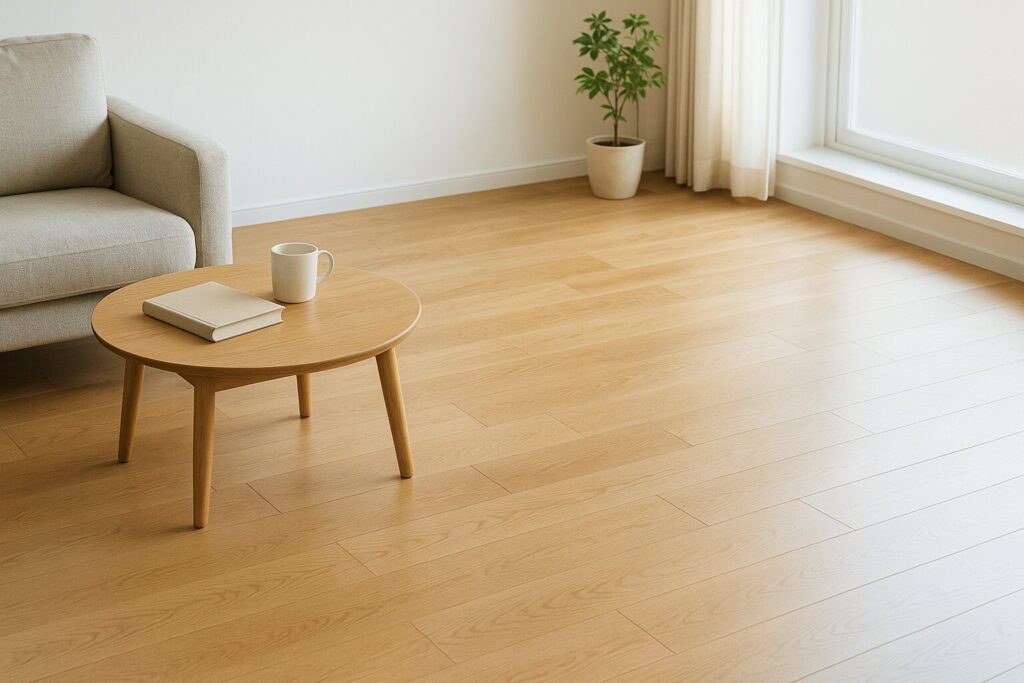 日差しの入るリビングをやや俯瞰で。手前から奥へオーク系フローリングの木目が伸び、左手前に低めの布ソファ、中央に丸い木製ローテーブル。