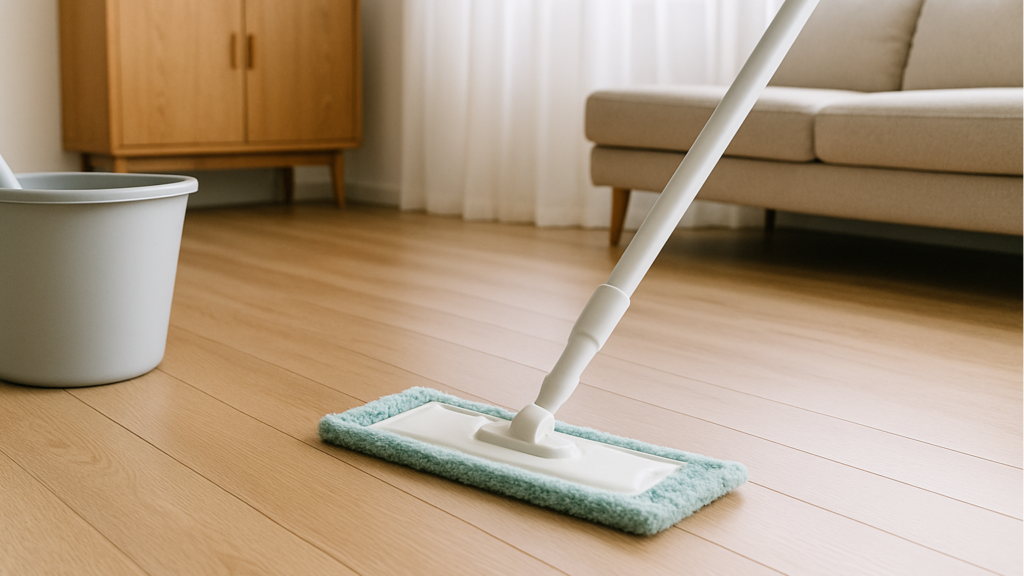 マイクロファイバーモップでフローリングを直線に拭き上げる様子と淡色インテリア