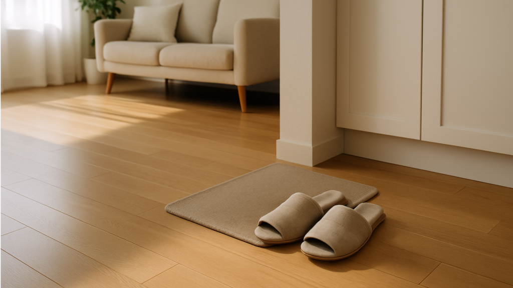 キッチン近くのフローリング床にスリッパとマット