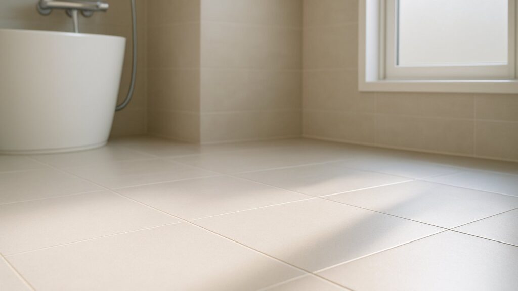 清潔に磨かれたタイル張りの浴室床に、窓から自然光が差し込み、おしゃれで明るい印象のバスルームを演出している