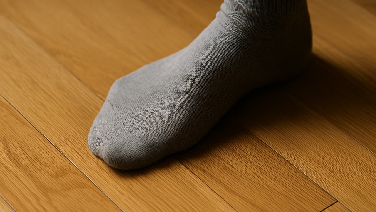 フローリングの上で靴下の足が踏み込み、わずかなたわみと影で床鳴りのイメージを表現したクローズアップ