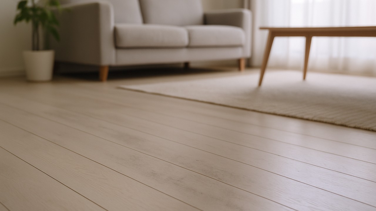 白い無垢材フローリングの上に、人の動線に沿った薄い黒ずみ。奥にソファとラグが見えるリビングの一角。