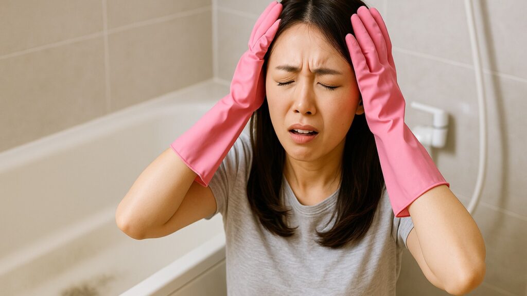 ピンクのゴム手袋をはめた若い日本人女性が浴室で頭を抱える「オーマイガー」ポーズ。背後に浴室タイルと浴槽が映り、風呂の黒ずみが落ちずに困っている様子が伝わる。
