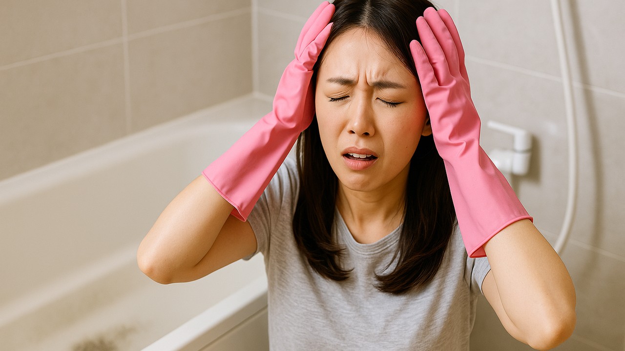 ピンクのゴム手袋をはめた若い日本人女性が浴室で頭を抱える「オーマイガー」ポーズ。背後に浴室タイルと浴槽が映り、風呂の黒ずみが落ちずに困っている様子が伝わる。