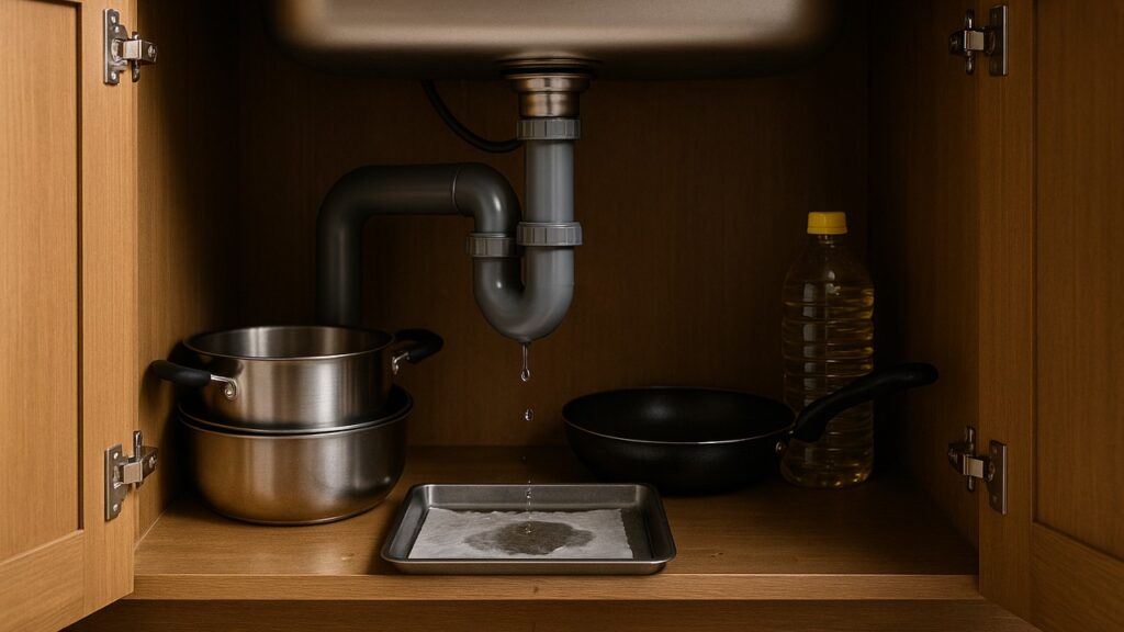 シンク下の収納で、排水パイプの継ぎ目から水滴が落ち、トレーに小さな水たまりができている。鍋やフライパン、油ボトルが近くに置かれている。