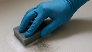 白いユニットバスの床の黒ずみをゴム手袋とスポンジで丁寧にこすり落としている手元のアップ