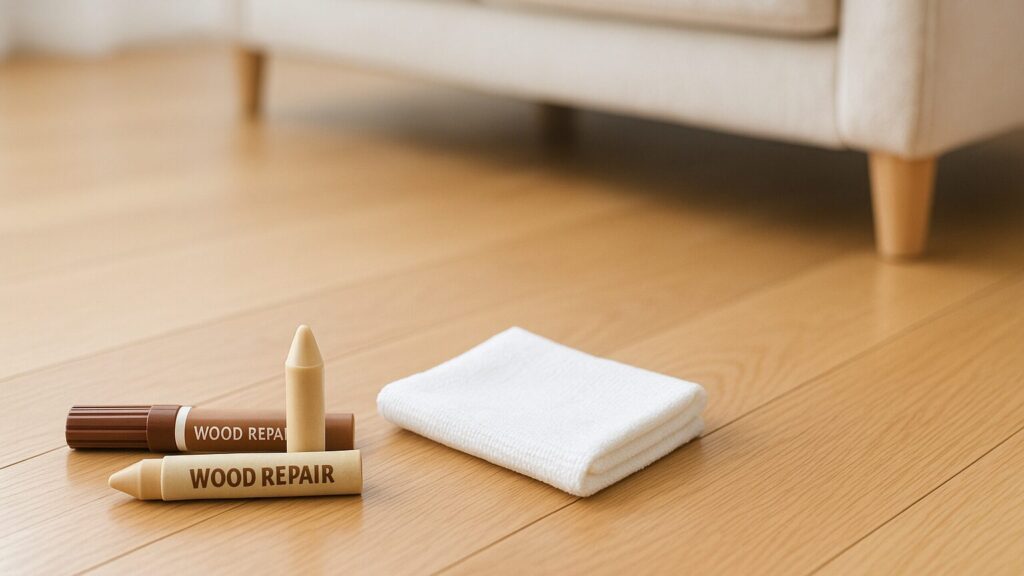 フローリングの床に傷の補修用の道具である補修マーカーや布が置いてある