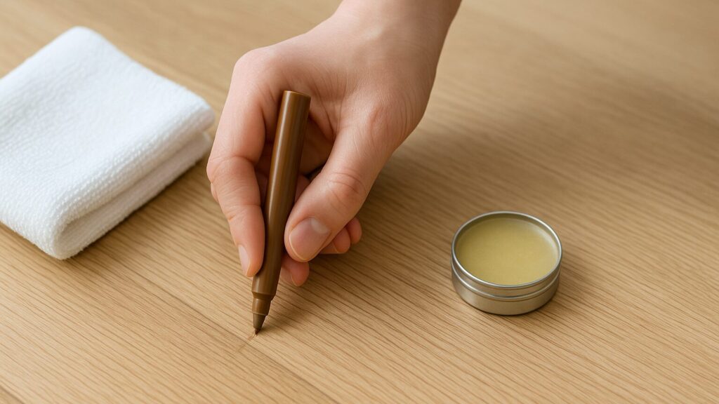 木目方向にマーカーを細く引く手元のアップ。横に薄く絞った濡れ布と小さなワックス容器