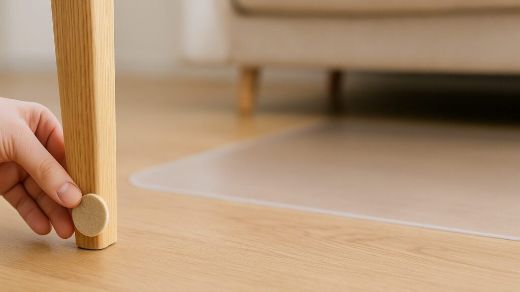 子脚にフェルトを貼りチェアマットで床傷を防ぐ様子