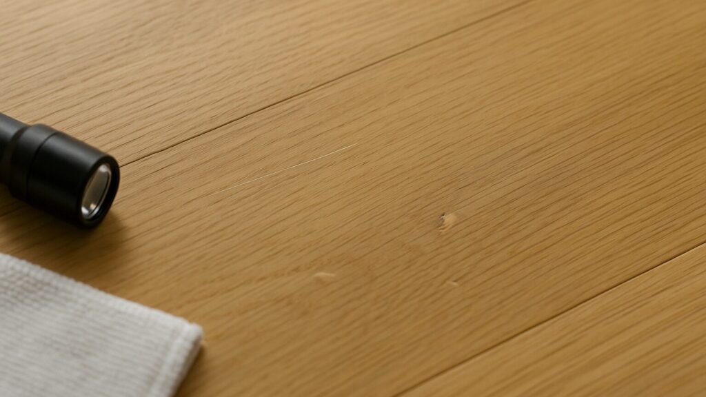 同じ床面に「浅いすり傷」「小さなへこみ」「欠け」を示す3点のクローズアップ。左手前に小さなLEDライト