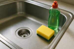 自宅キッチンのシンクと排水口まわりを斜め上から写し、スポンジと洗剤が置かれた清潔感のある写真