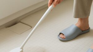 ロング柄ブラシで浴室の床の黒ずみを軽くこする高齢者の手元と足元。水場用スリッパを履いた足と、タイル調の床面が斜め上から写っており、床の一部にうっすら汚れが残っている様子が見える。