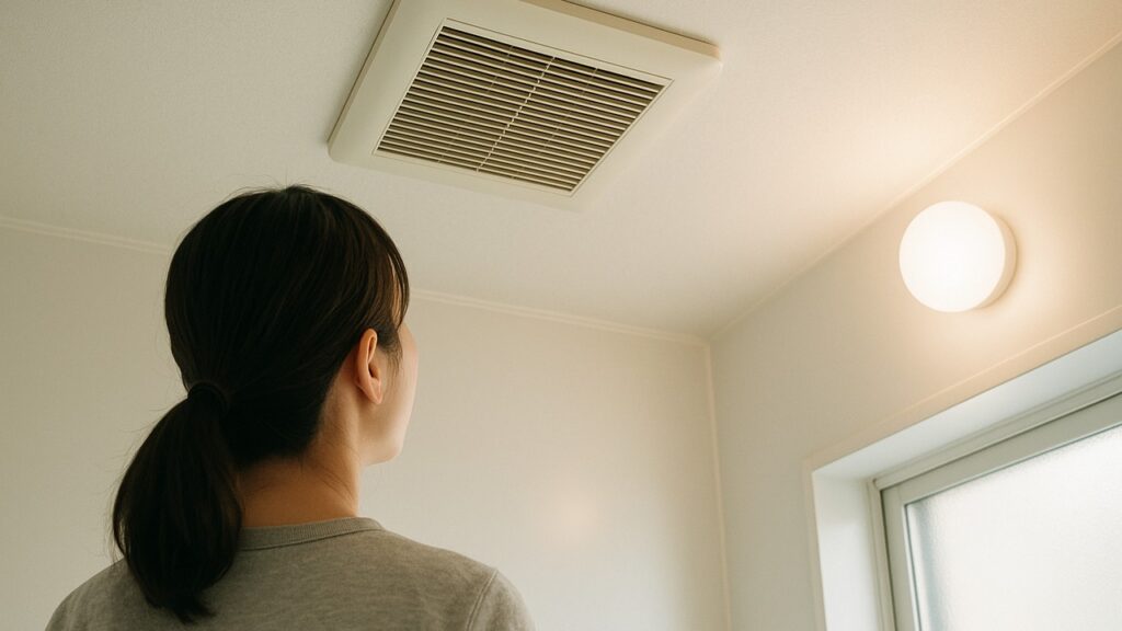 浴室の天井近くの換気扇を見上げて外し方に迷う人物の後ろ姿を描いた、不安と慎重さが伝わるイメージ写真風のカット