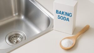 重曹のボトルと木製スプーンが並ぶ明るいキッチンシンク。白い粉が少しこぼれ、シンク掃除のイメージが伝わる構図。