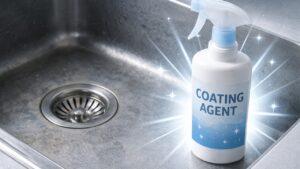 くすんだステンレス製キッチンシンクの中に、光を受けて存在感を放つコーティング剤スプレーボトルが置かれている様子