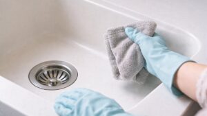 人造大理石のキッチンシンクの縁と排水口の前で、水色のゴム手袋をした若い主婦の腕がグレーのファイバークロスを握り、これから拭き掃除を始めようとしている様子の写真