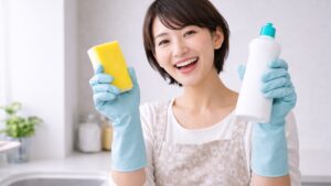 ショートカットで細身の若い主婦が水色のゴム手袋をはめ、片手に黄色いスポンジ、もう片手に洗剤ボトルを掲げてにっこり笑い、これからキッチン掃除を始めようとしている様子の写真