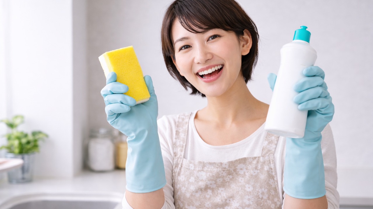 ショートカットで細身の若い主婦が水色のゴム手袋をはめ、片手に黄色いスポンジ、もう片手に洗剤ボトルを掲げてにっこり笑い、これからキッチン掃除を始めようとしている様子の写真