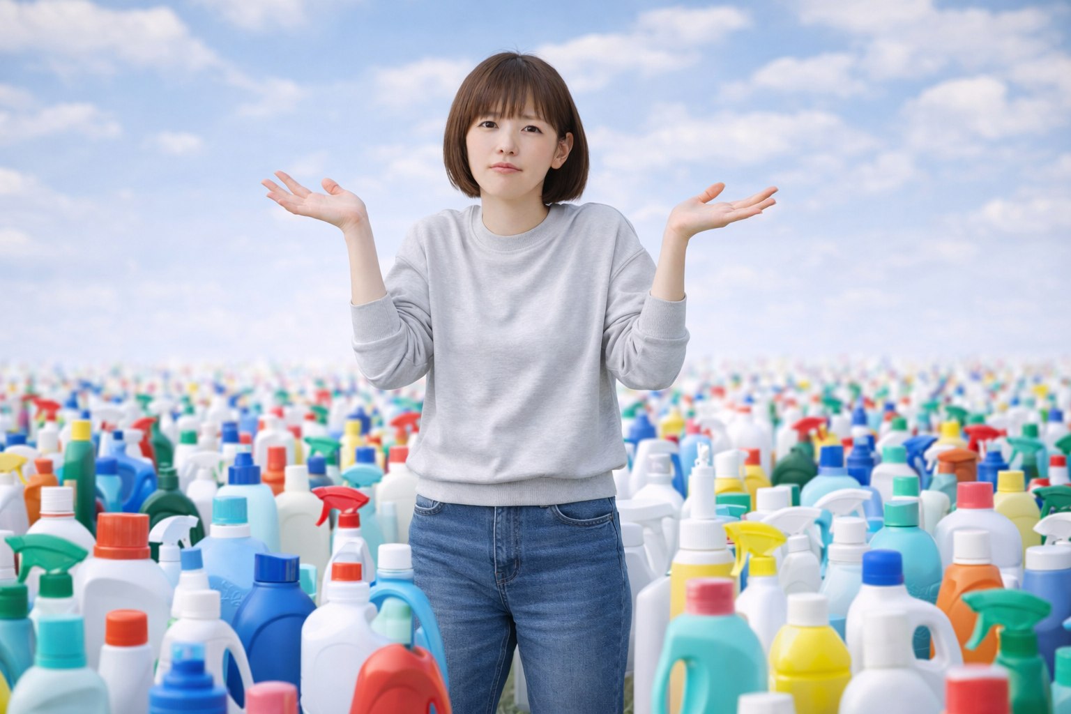洗剤ボトルに囲まれた中で、腕を広げて「なぜ?」と考える女性のアイキャッチ画像