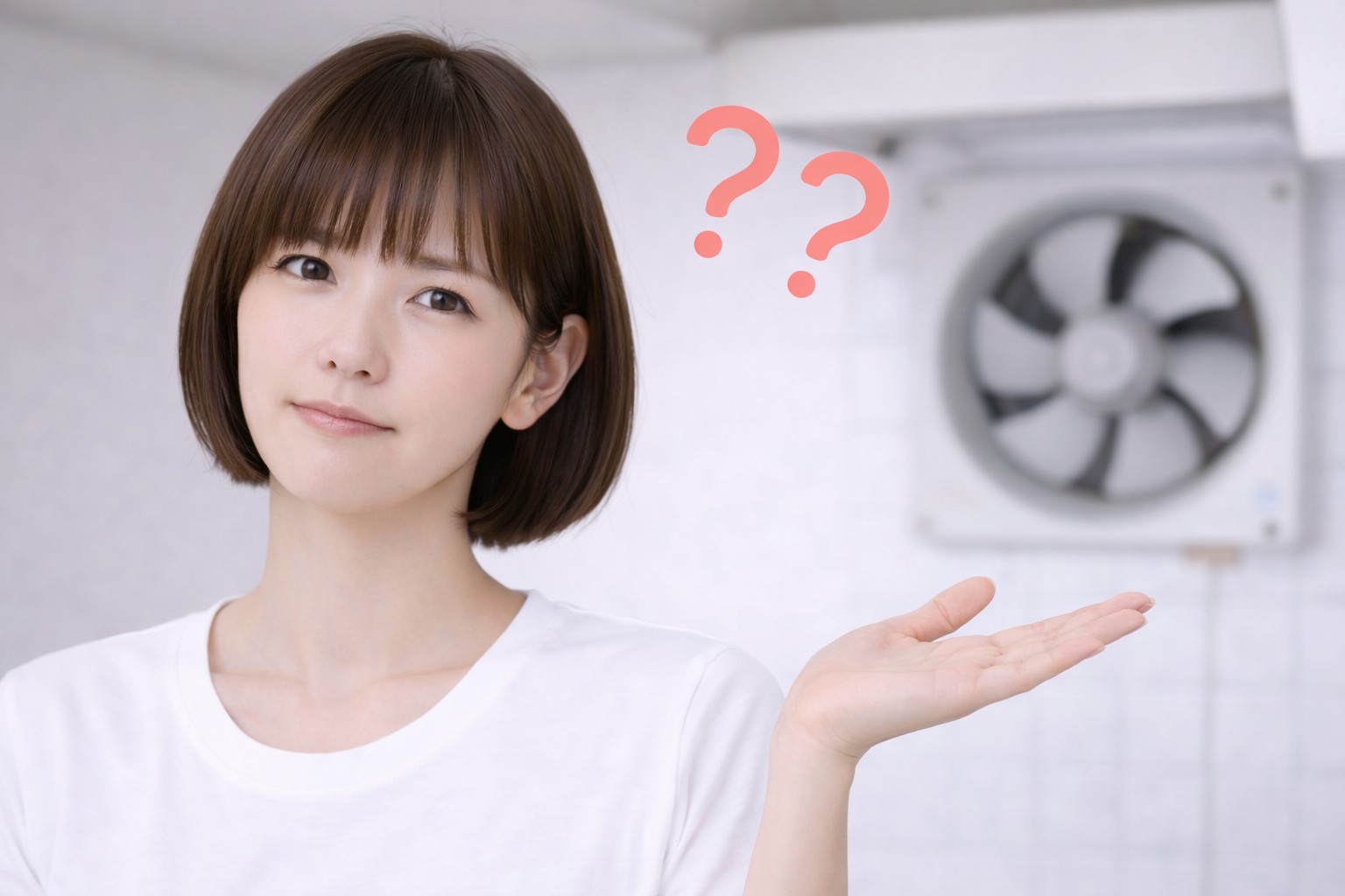換気扇の掃除方法に悩むはるさんが、はてな顔で考えている様子