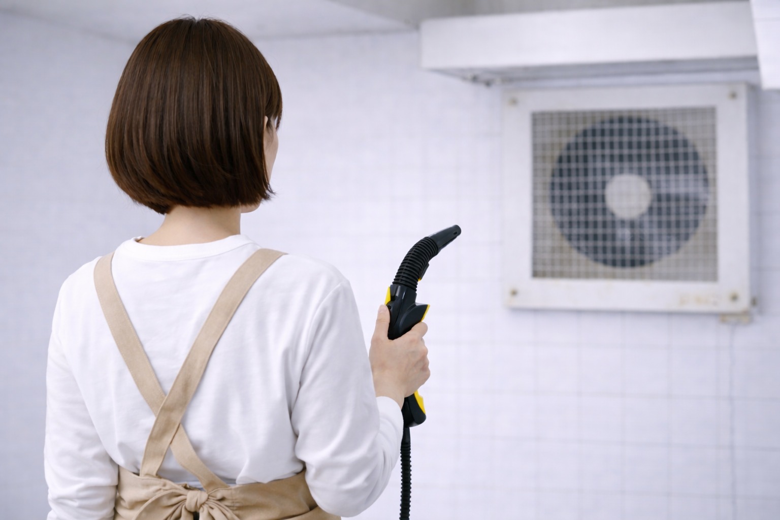 スチームクリーナーを手に、換気扇掃除に挑もうとしている女性のの後ろ姿
