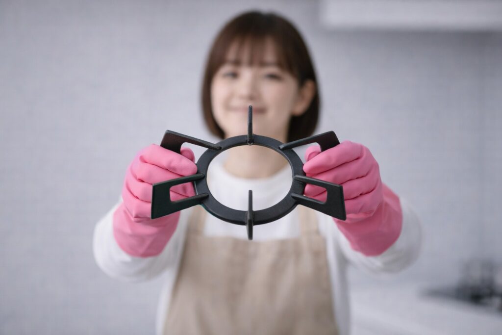 ゴム手袋をした女性が、五徳をこちらに差し出し、五徳にピントが合った掃除前のイメージ