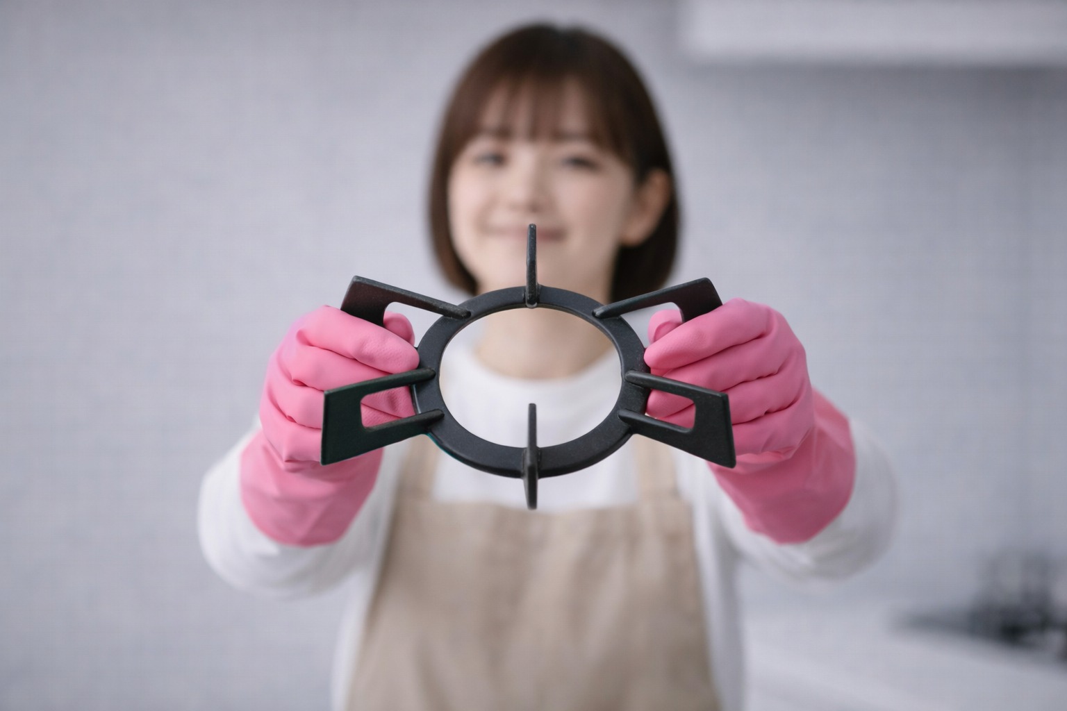 ゴム手袋をした女性が、五徳をこちらに差し出し、五徳にピントが合った掃除前のイメージ