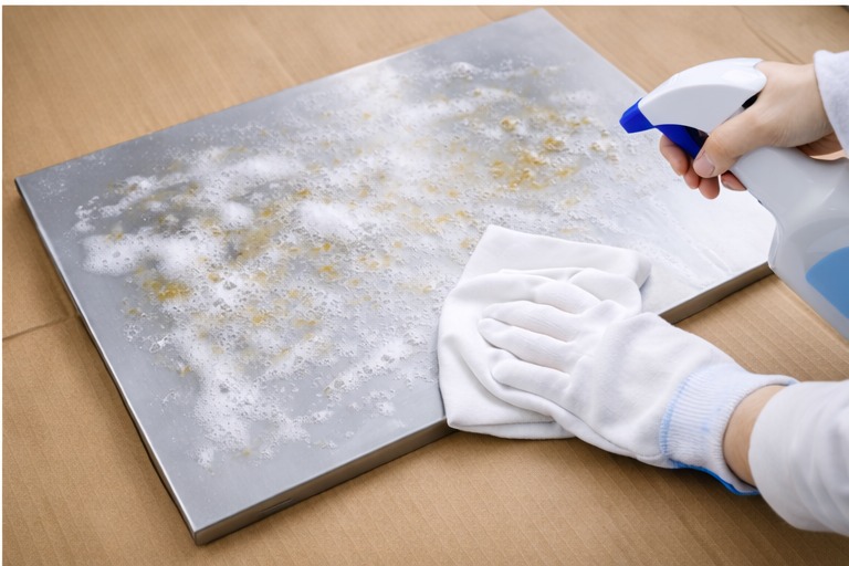 レンジフードの整流板を床に敷いた段ボールの上で、洗剤を使って規則正しく拭き上げている作業の様子