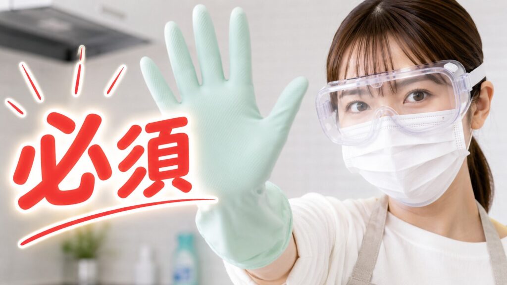 ゴム手袋と保護ゴーグル、マスクを着用し「必須」と訴える安全対策イメージ