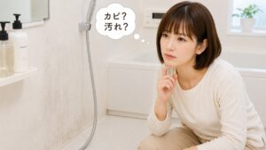 お風呂の壁掃除で、壁の黒ずみがカビなのか汚れなのか確認している奥様