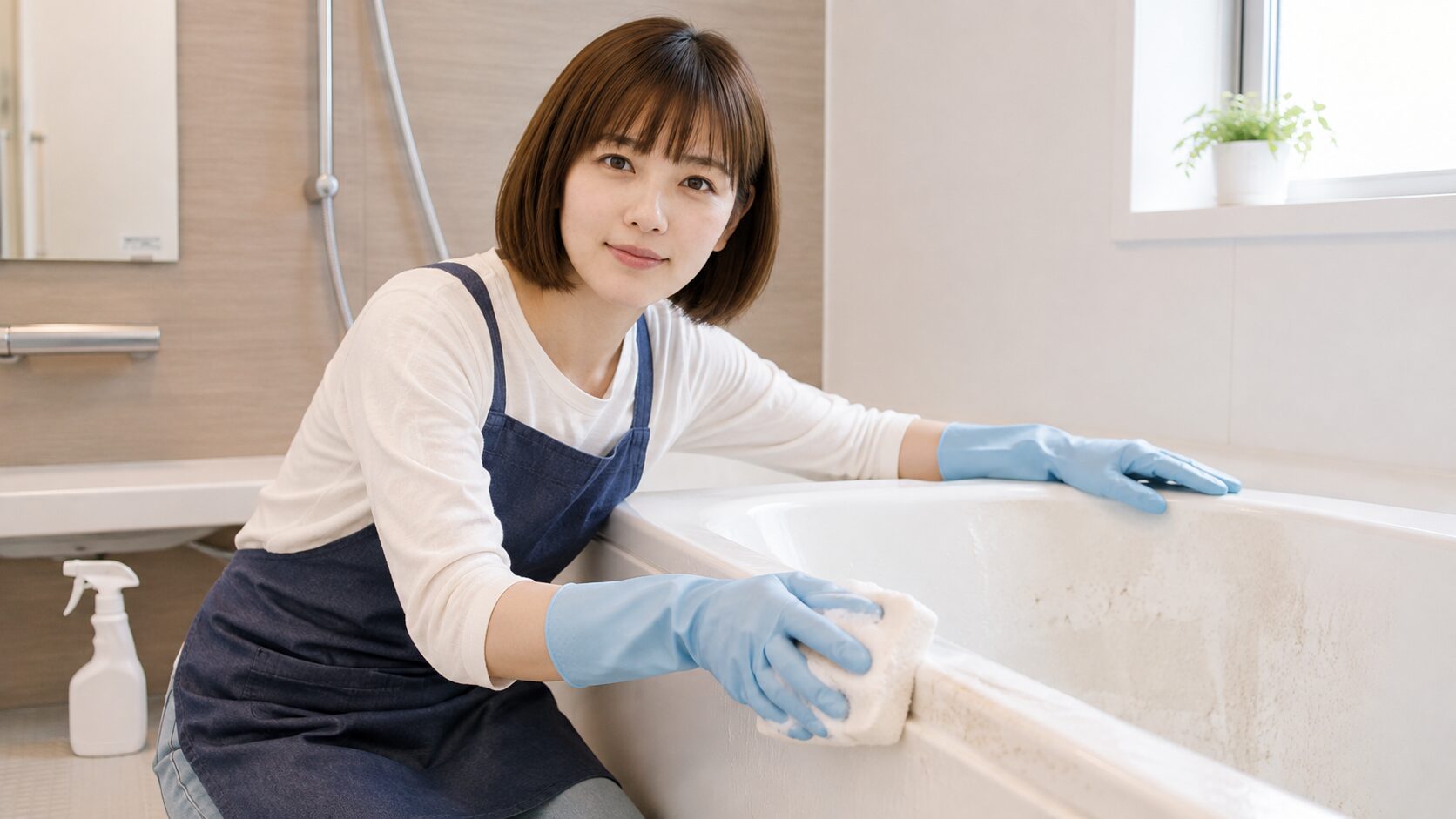 浴槽についた湯垢の落とし方を実践するはるさん